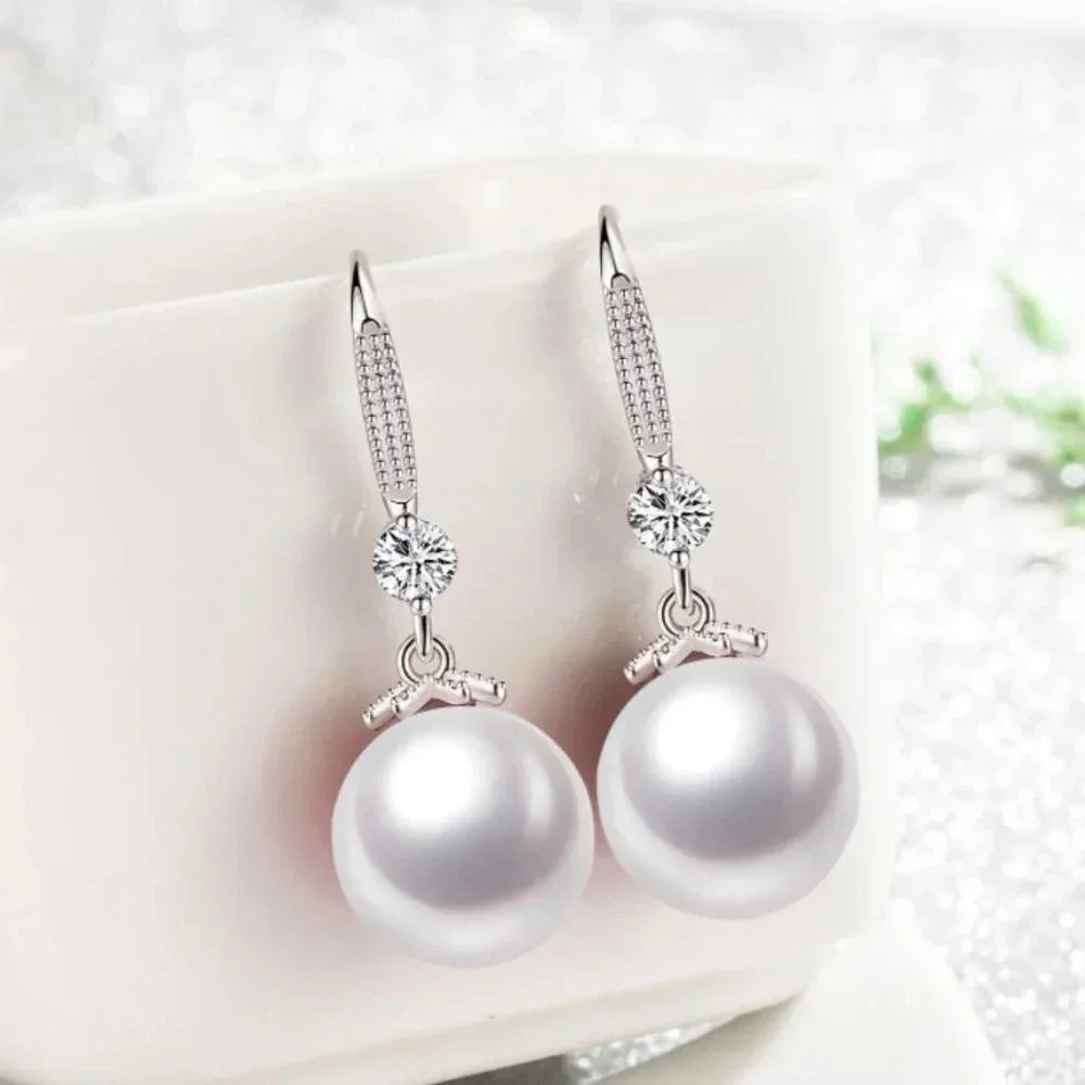 Sterling Silver Diamond 10 MM Pearl Drop Earrings